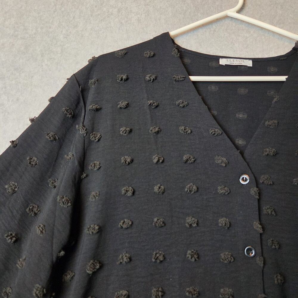 ELESOL Black Swiss Dot 3/4 Sleeve Button Up Swim Cover Up Women's Large - Picture 6 of 13